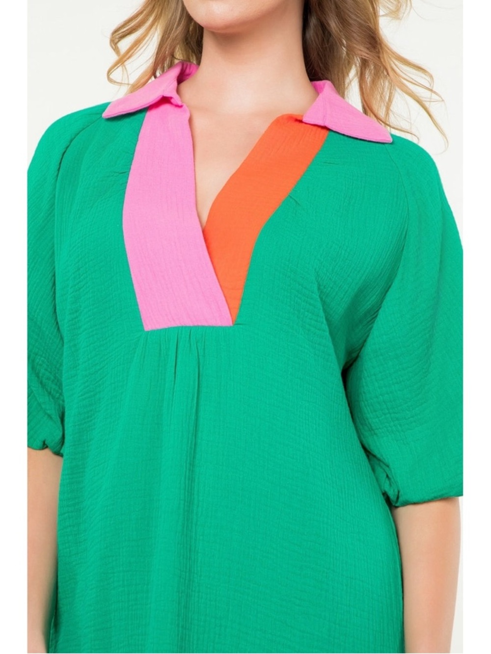 THML Green Contrast Collared V-Neck Puff Sleeve Dress - Picture 4 of 8